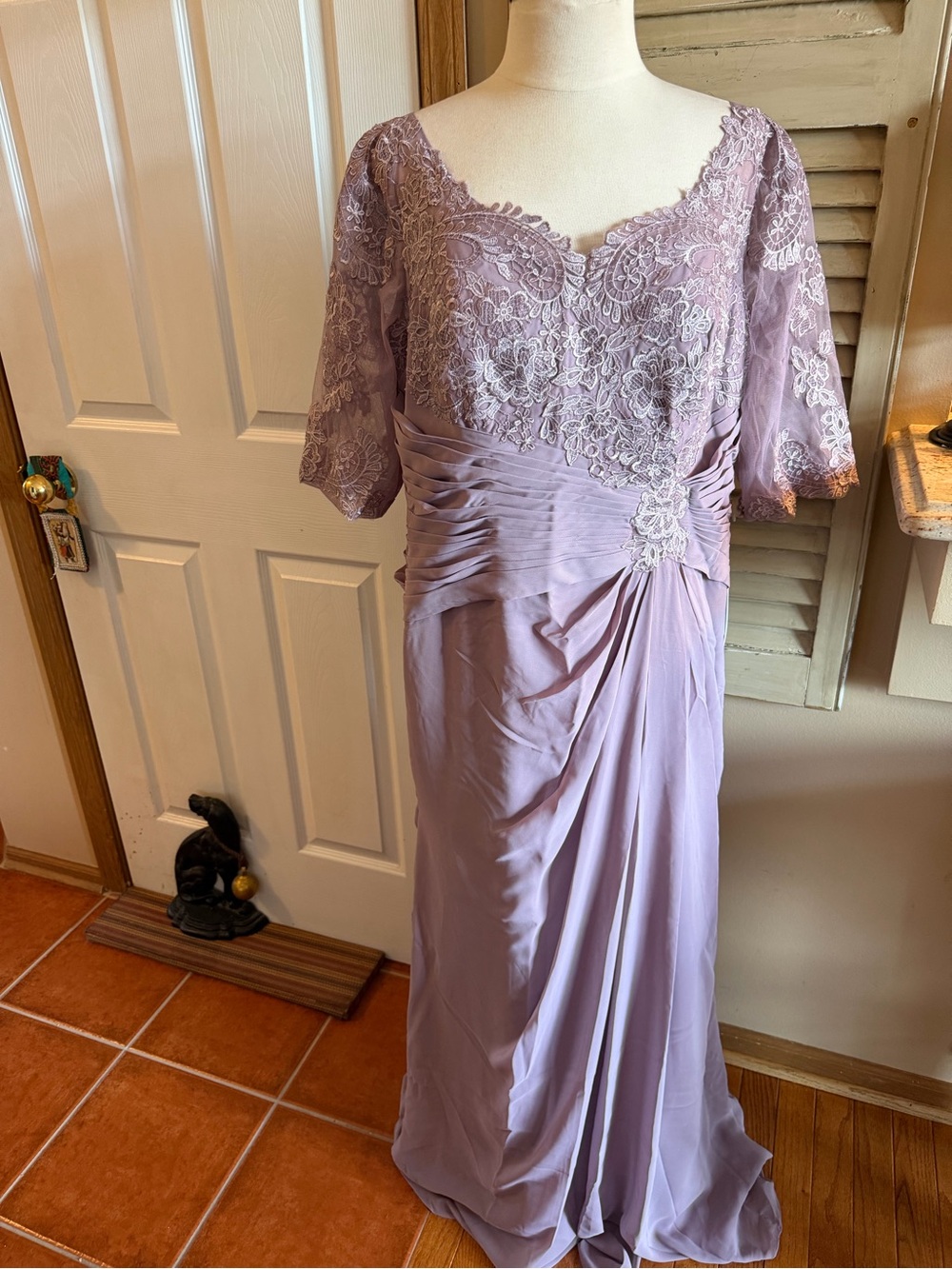 JJs House Lavender Lace Evening Gown with Ruched Waist